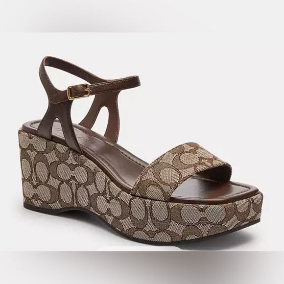 Coach Women'Tan and Brown PlatformSandalsGale Wedge Sandal In Signature Jacquard - Picture 1 of 10